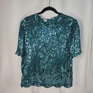 Sequin Beaded Silk Top 90s Vintage Teal Green Blouse Gatsby Glam Party Large
